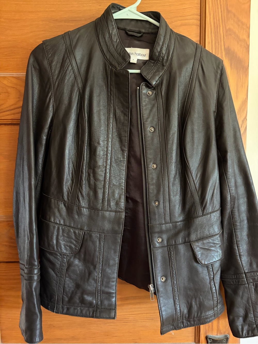 Women’s Dark Brown Leather Jacket with Snap & Zip Front